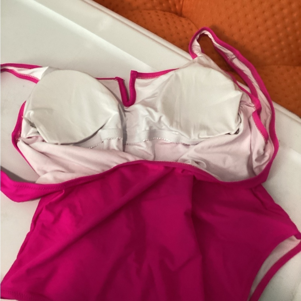 Women's Pink V Neck One Piece Green‎ Swimsuit Lace up Monokini NWOT Size L - Picture 4 of 5